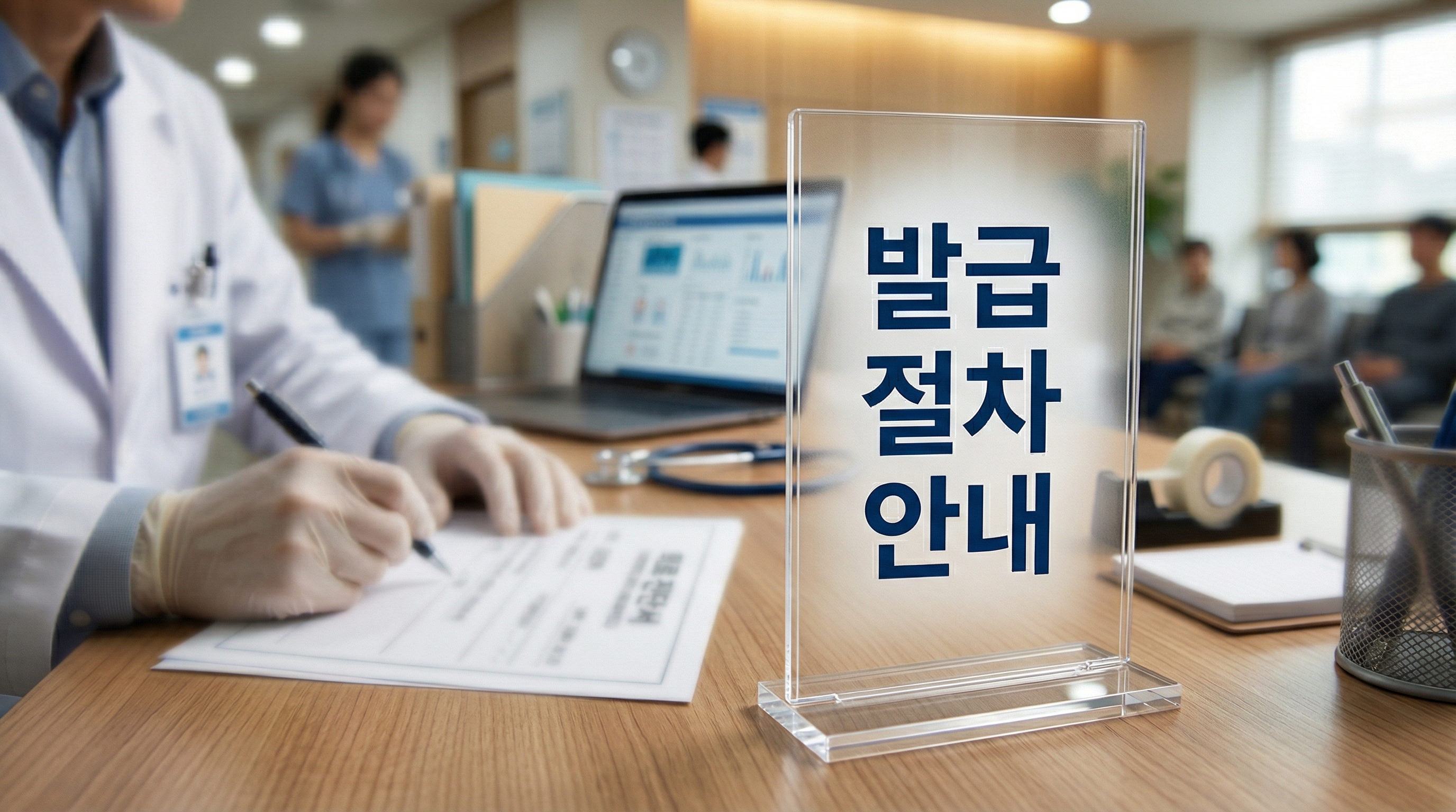 의사가 장해진단서 서류를 작성하는 장면 — 발급 절차 안내