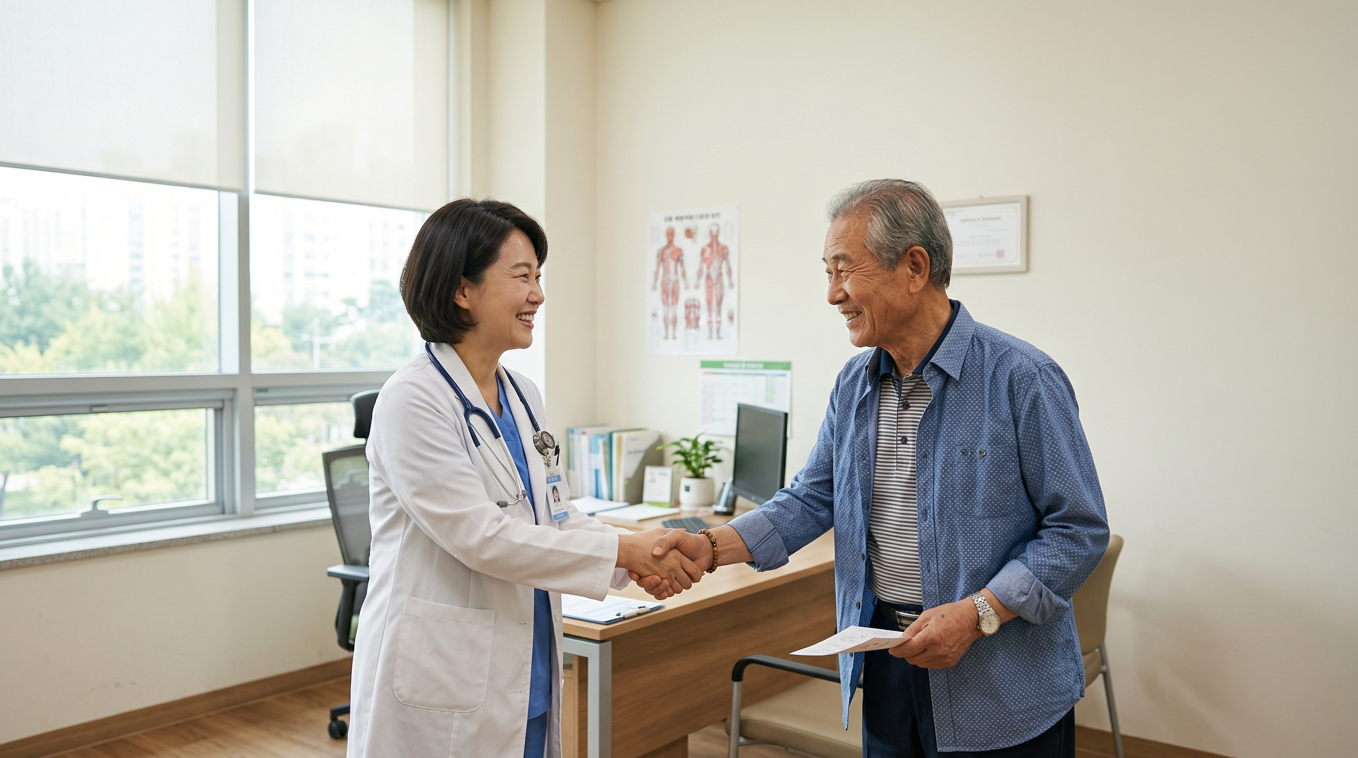 진단서를 받고 의사와 악수하며 기뻐하는 어르신