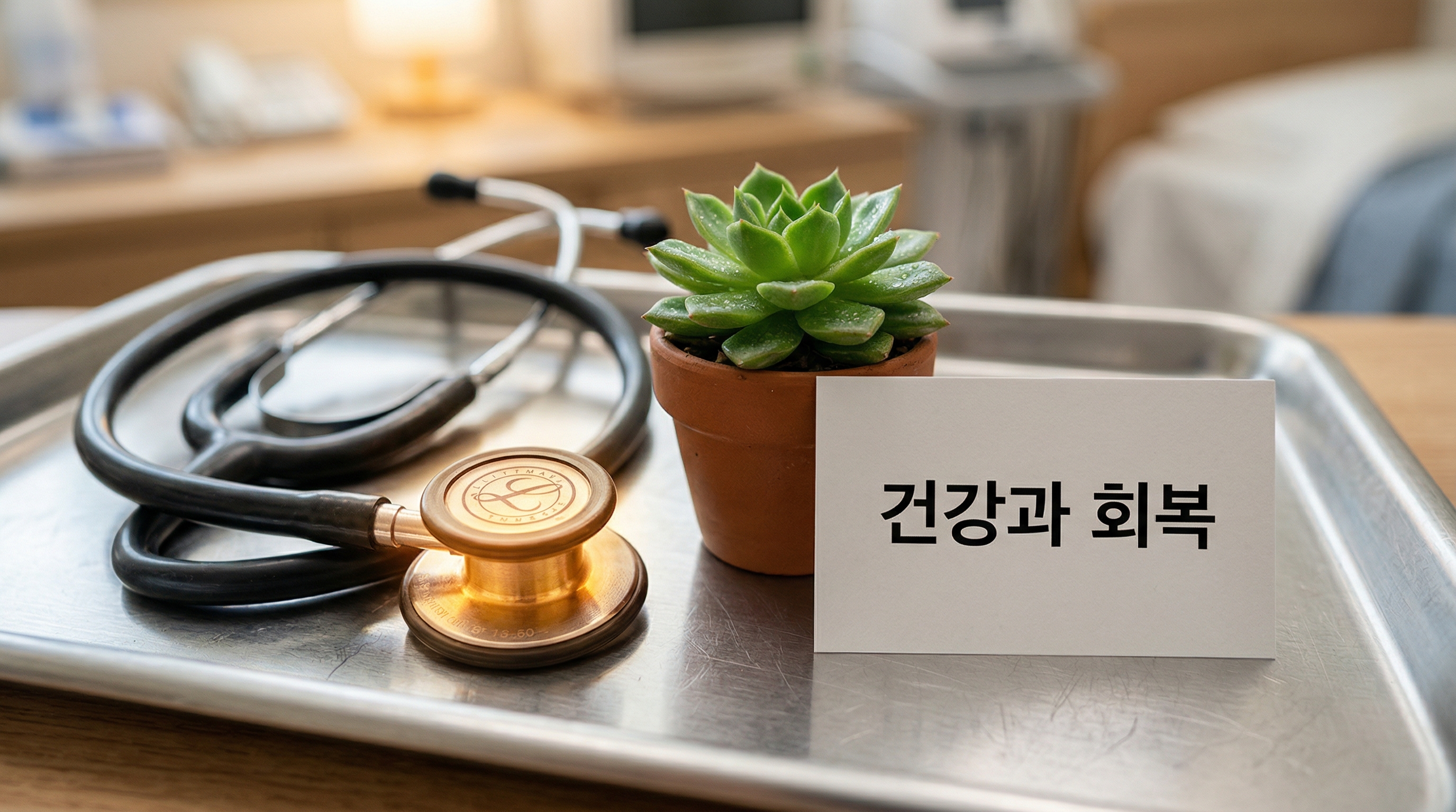 청진기와 다육식물 — 건강과 회복을 상징하는 따뜻한 의료 이미지